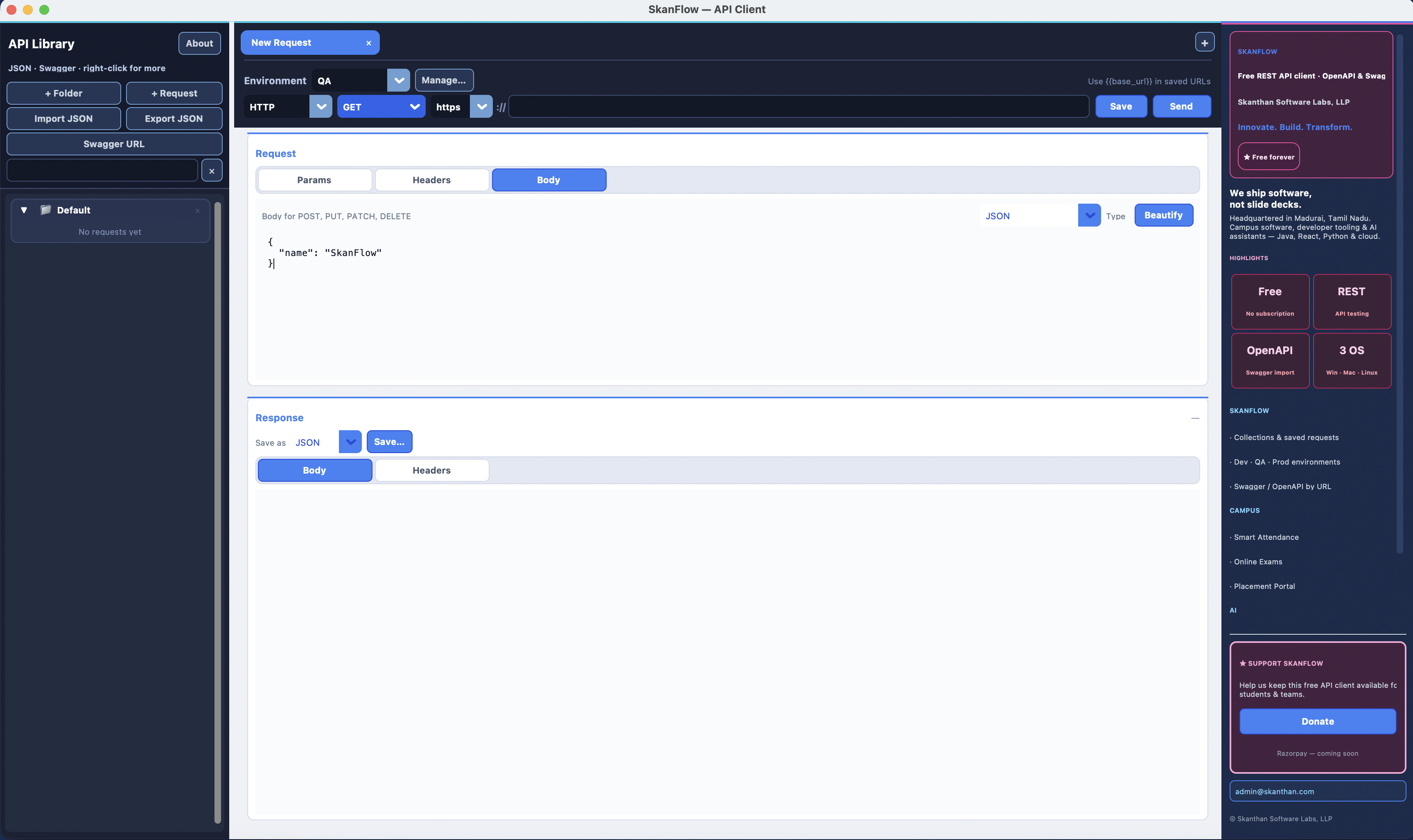 SkanFlow free desktop REST API client — collections, environment variables, OpenAPI Swagger import and HTTP request editor